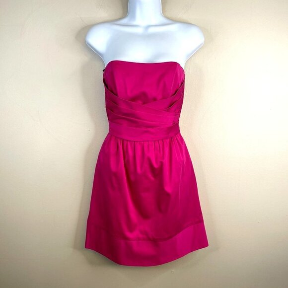 Vintage Womens STRAPLESS Dress Sz 2 HOT PINK Barbiecore Mini Faux Wrap Bow Back - Picture 1 of 15